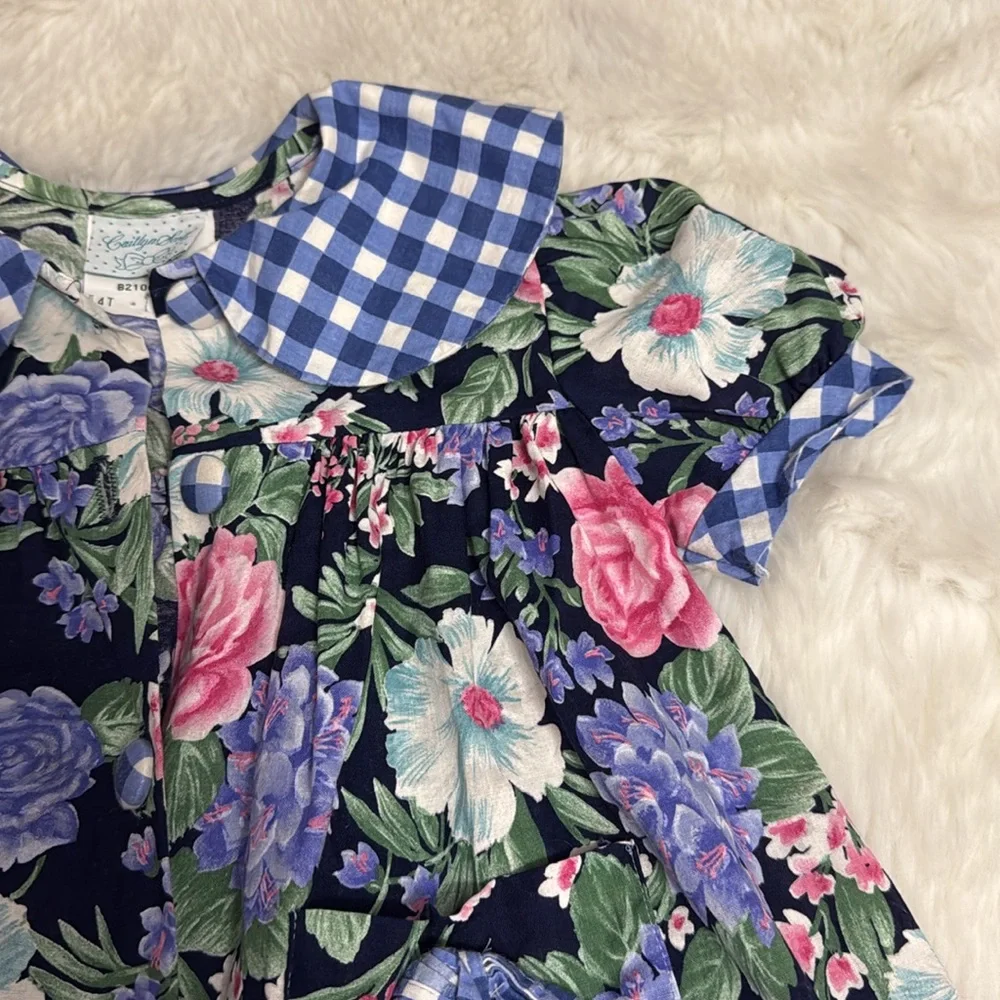 Vintage Gaitlyn Scott Cotton Floral Button Down Puffy Sleeve Girl Dress Size 4